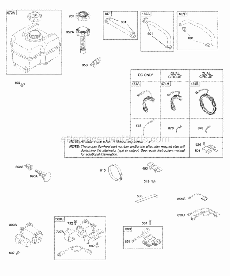 Alternator Electric Starter Fuel Supply Ignition Diagram and Parts List for 21C214-0111-E1  Briggs and Stratton Engine